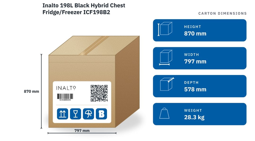 Inalto 198L Black Hybrid Chest Fridge/Freezer ICF198B2 — packaged dimensions