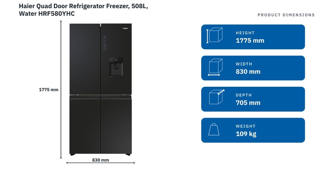 Haier Quad Door Refrigerator Freezer, 508L, Water HRF580YHC