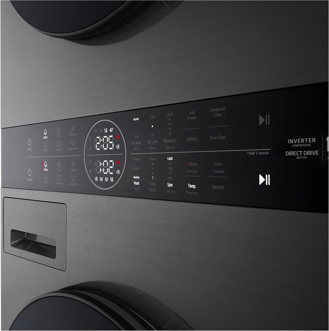 Close-up of the control panel of a black stacked washer dryer