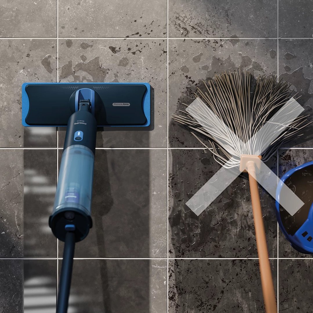 Philips 3000 Series OneUp Electric Mop cleaning a tiled floor next to a mop