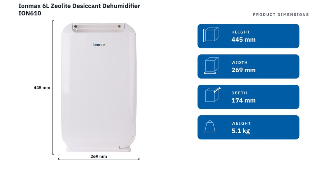 Ionmax 6L Zeolite Desiccant Dehumidifier ION610 — product dimensions