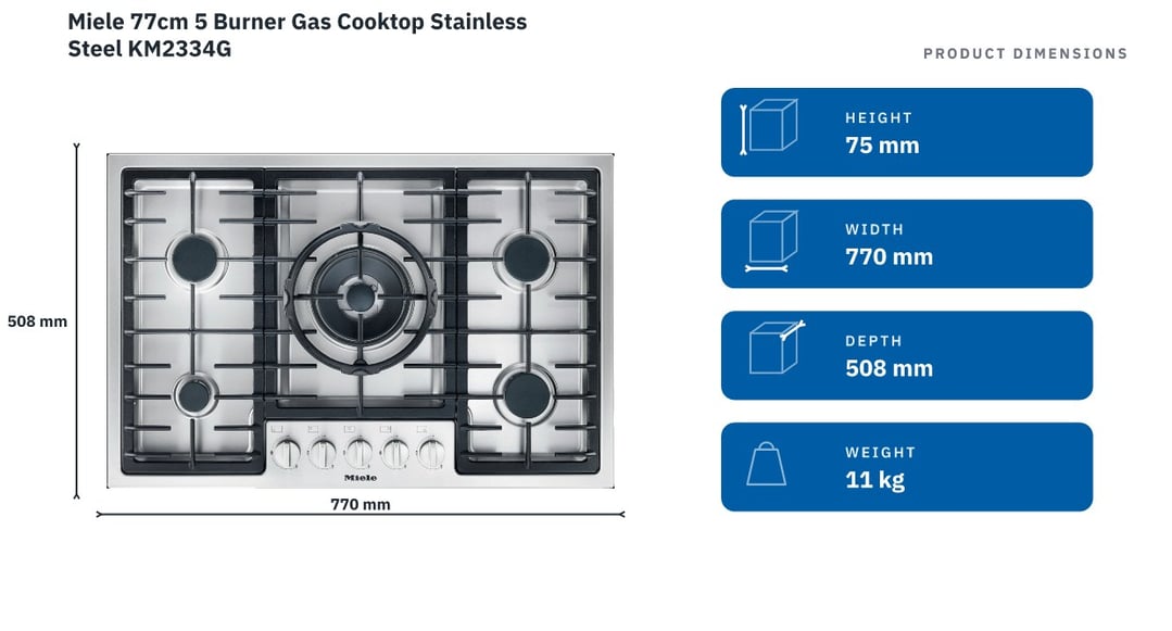 Miele 77cm 5 Burner Gas Cooktop Stainless Steel KM2334G — product dimensions