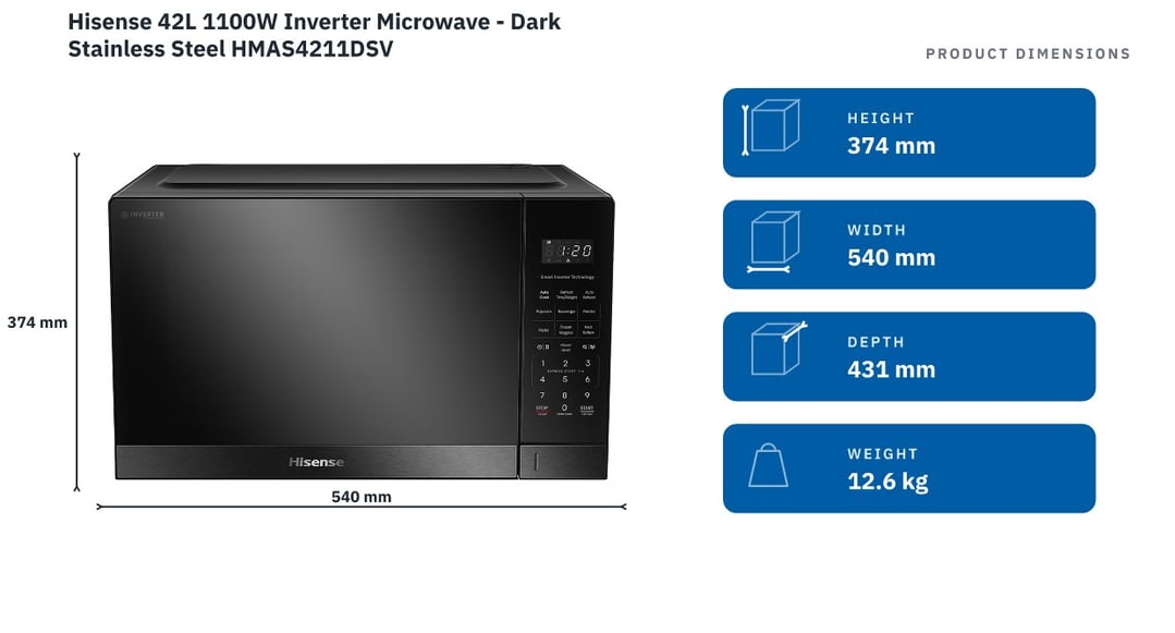 Hisense 42L 1100W Inverter Microwave - Dark Stainless Steel HMAS4211DSV — product dimensions