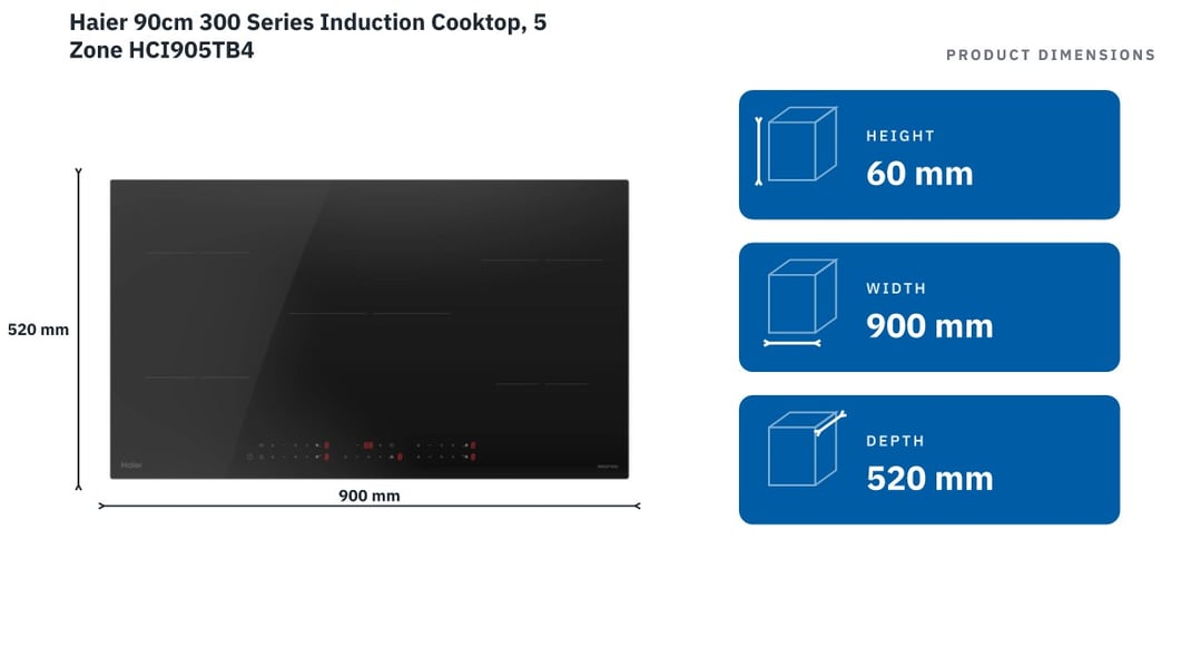 Haier 90cm 300 Series Induction Cooktop, 5 Zone HCI905TB4 — product dimensions