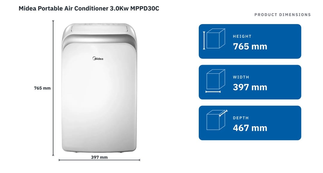 Midea Portable Air Conditioner 3.0Kw MPPD30C — product dimensions