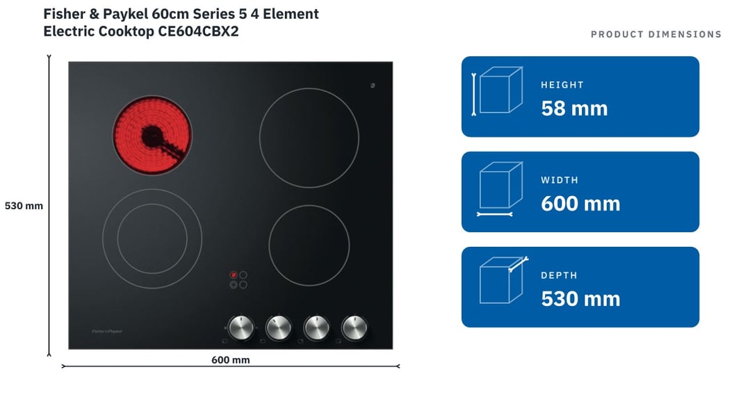 Fisher & Paykel 60cm Series 5 4 Element Electric Cooktop CE604CBX2 — product dimensions