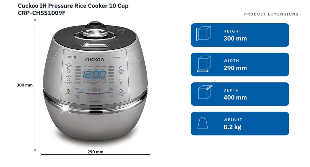 Cuckoo IH Pressure Rice Cooker 10 Cup CRP-CHSS1009F — product dimensions
