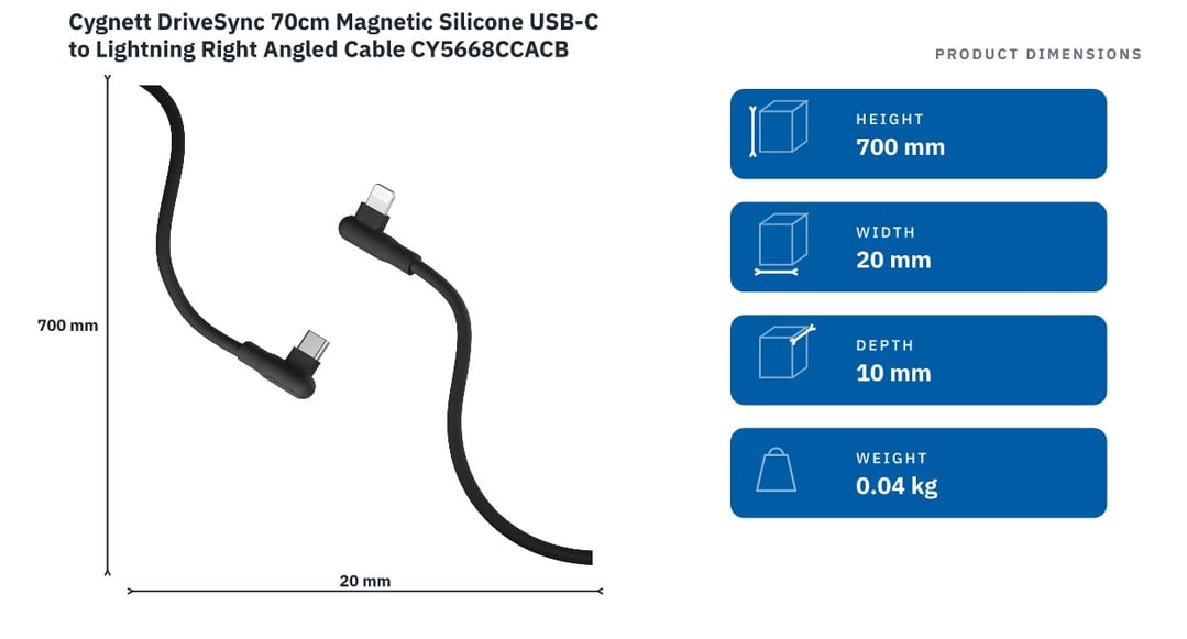 Cygnett DriveSync 70cm Magnetic Silicone USB-C to Lightning Right Angled Cable CY5668CCACB — product dimensions