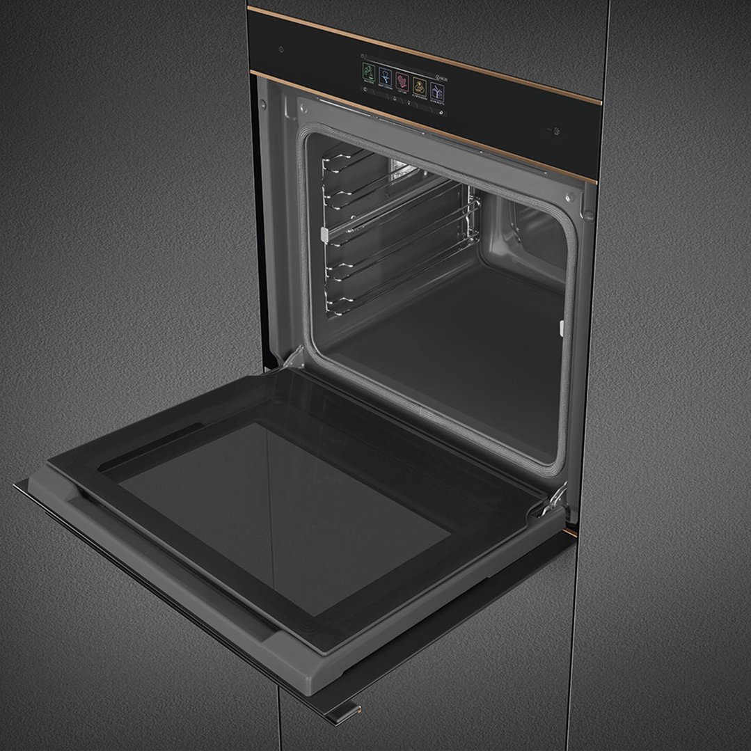 Built-in oven with door open, showing interior racks and control panel