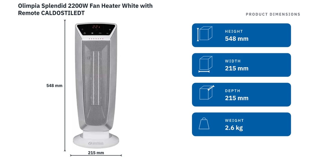 Olimpia Splendid 2200W Fan Heater White with Remote CALDOSTILEDT — product dimensions