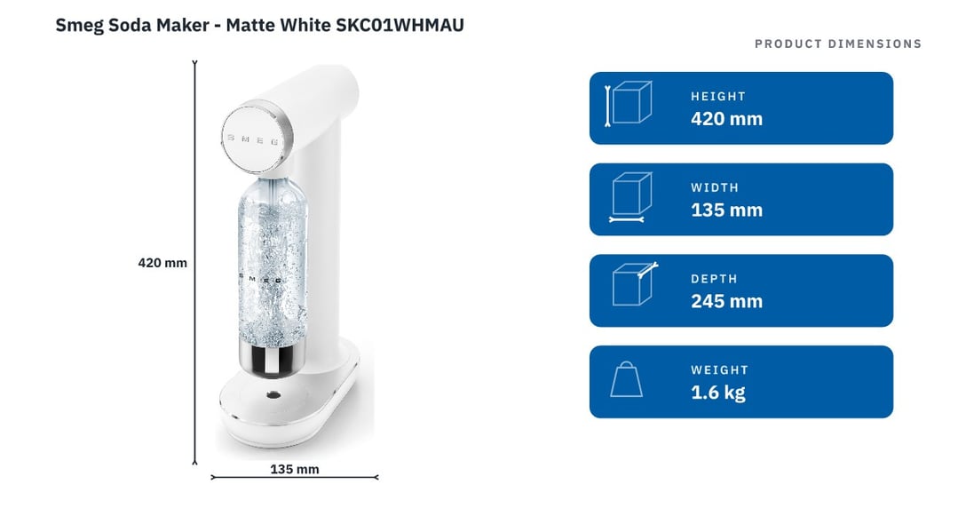 Smeg Soda Maker - Matte White SKC01WHMAU — product dimensions