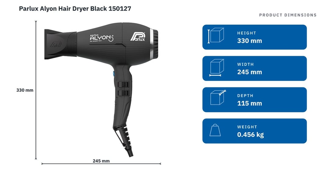 Parlux Alyon Hair Dryer Black 150127 — product dimensions