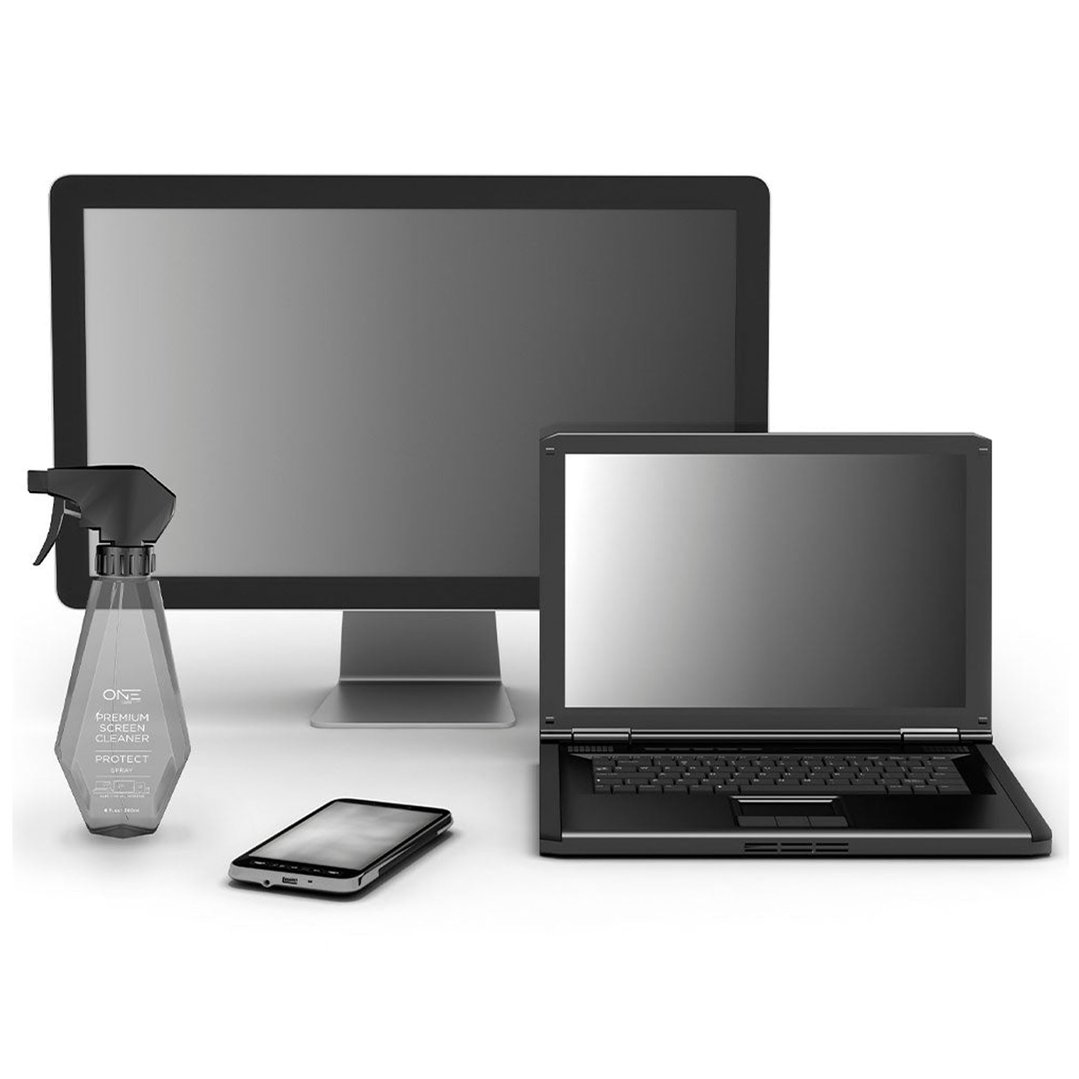 ONE cleaning spray bottle next to a monitor, laptop, and smartphone