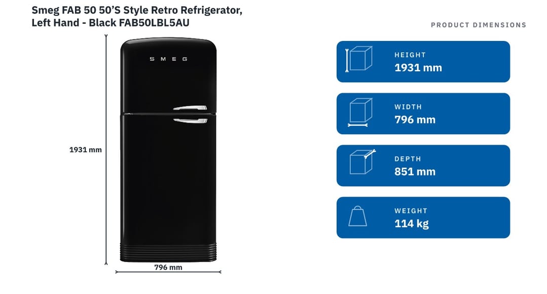 Smeg FAB 50 50’S Style Retro Refrigerator, Left Hand - Black FAB50LBL5AU