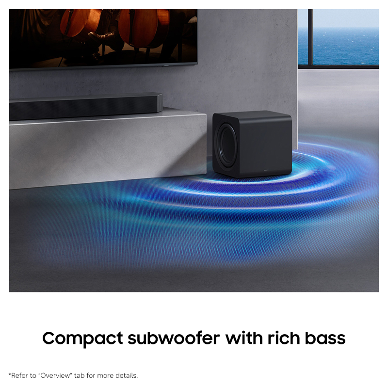 Soundbar and subwoofer on a concrete stand with blue sound waves on the floor
