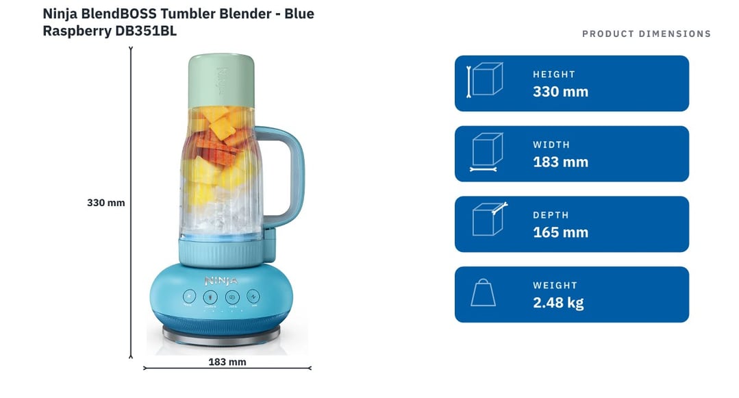 Ninja BlendBOSS Tumbler Blender - Blue Raspberry DB351BL — product dimensions