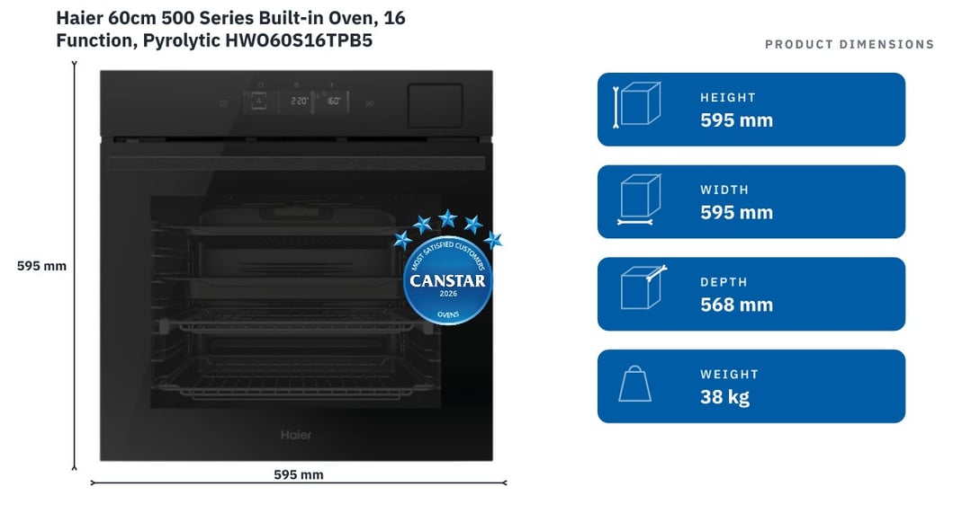 Haier 60cm 500 Series Built-in Oven, 16 Function, Pyrolytic HWO60S16TPB5 — product dimensions