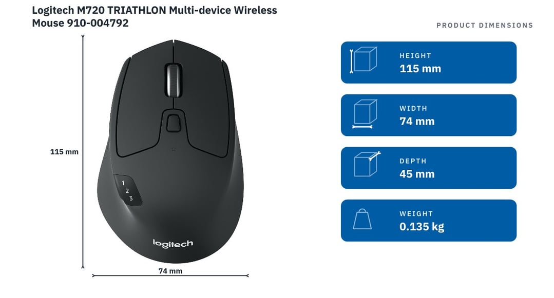 Logitech M720 TRIATHLON Multi-device Wireless Mouse 910-004792 — product dimensions