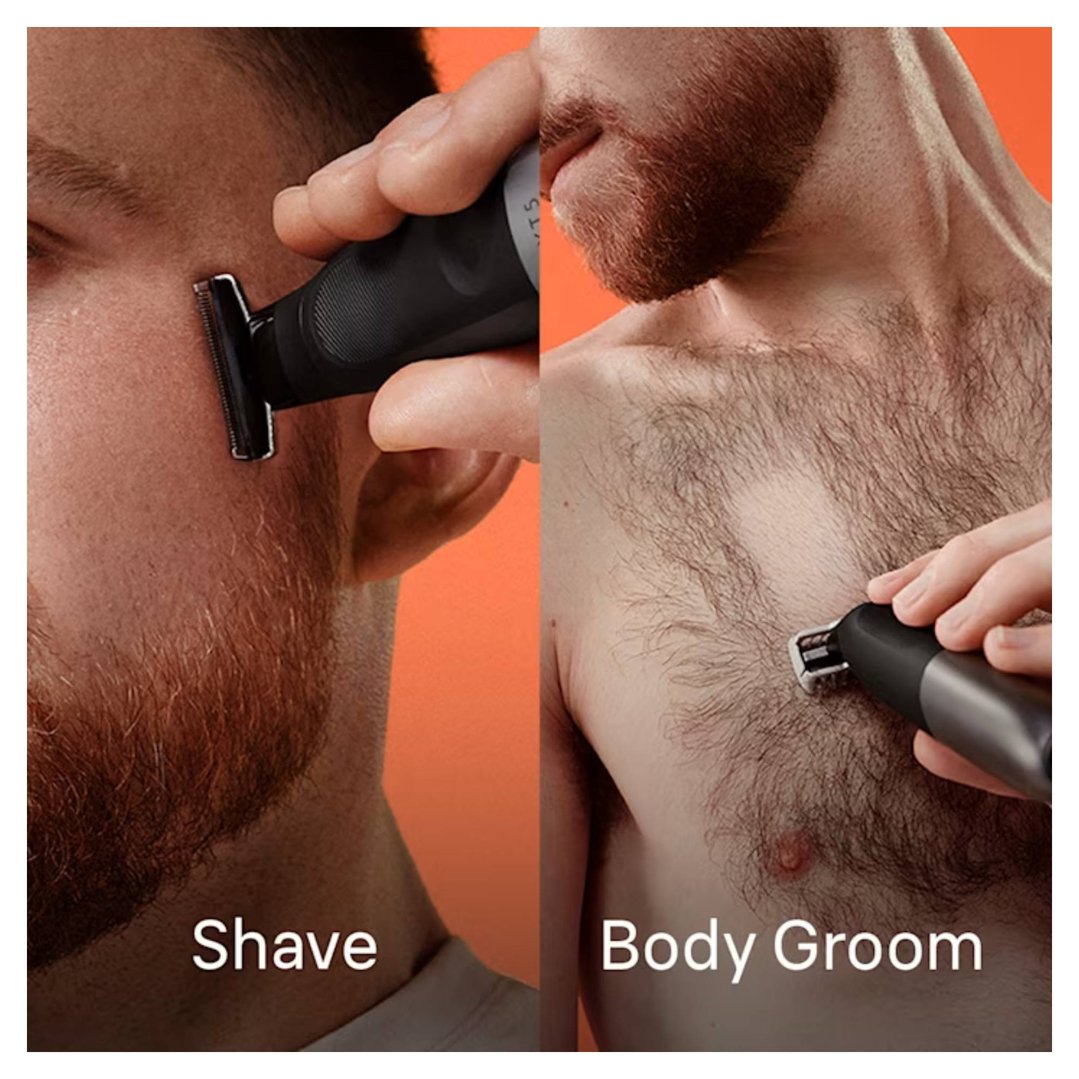 Man using a Braun X Styler Series 5 Hybrid Trimmer to shave and body groom