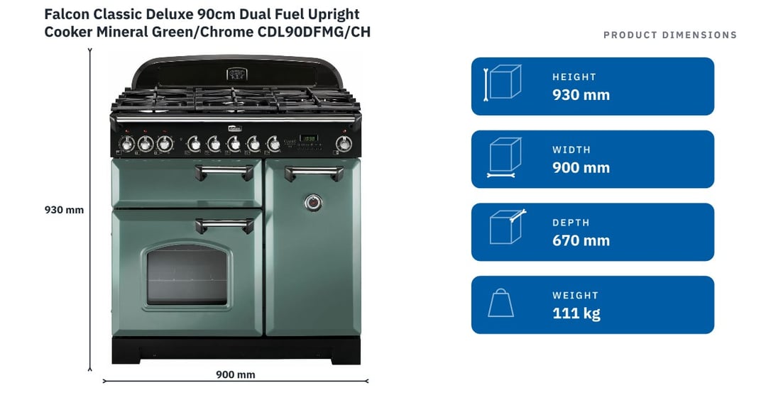 Falcon Classic Deluxe 90cm Dual Fuel Upright Cooker Mineral Green/Chrome CDL90DFMG/CH — product dimensions