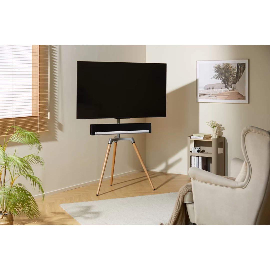A TV on a tripod stand in a living room with a plant and armchair