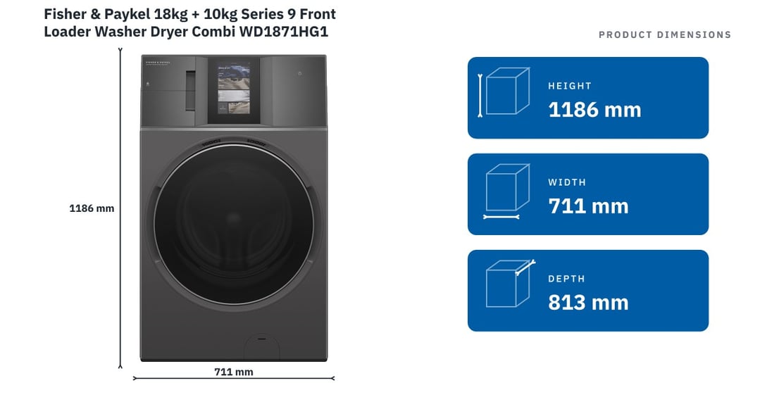 Fisher & Paykel 18kg + 10kg Series 9 Front Loader Washer Dryer Combi WD1871HG1 — product dimensions