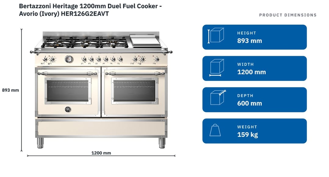Bertazzoni Heritage 1200mm Duel Fuel Cooker - Avorio (Ivory) HER126G2EAVT — product dimensions