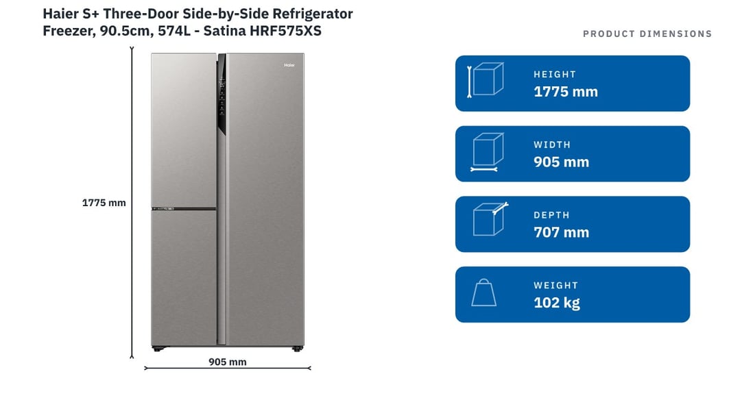 Haier S+ Three-Door Side-by-Side Refrigerator Freezer, 90.5cm, 574L - Satina HRF575XS