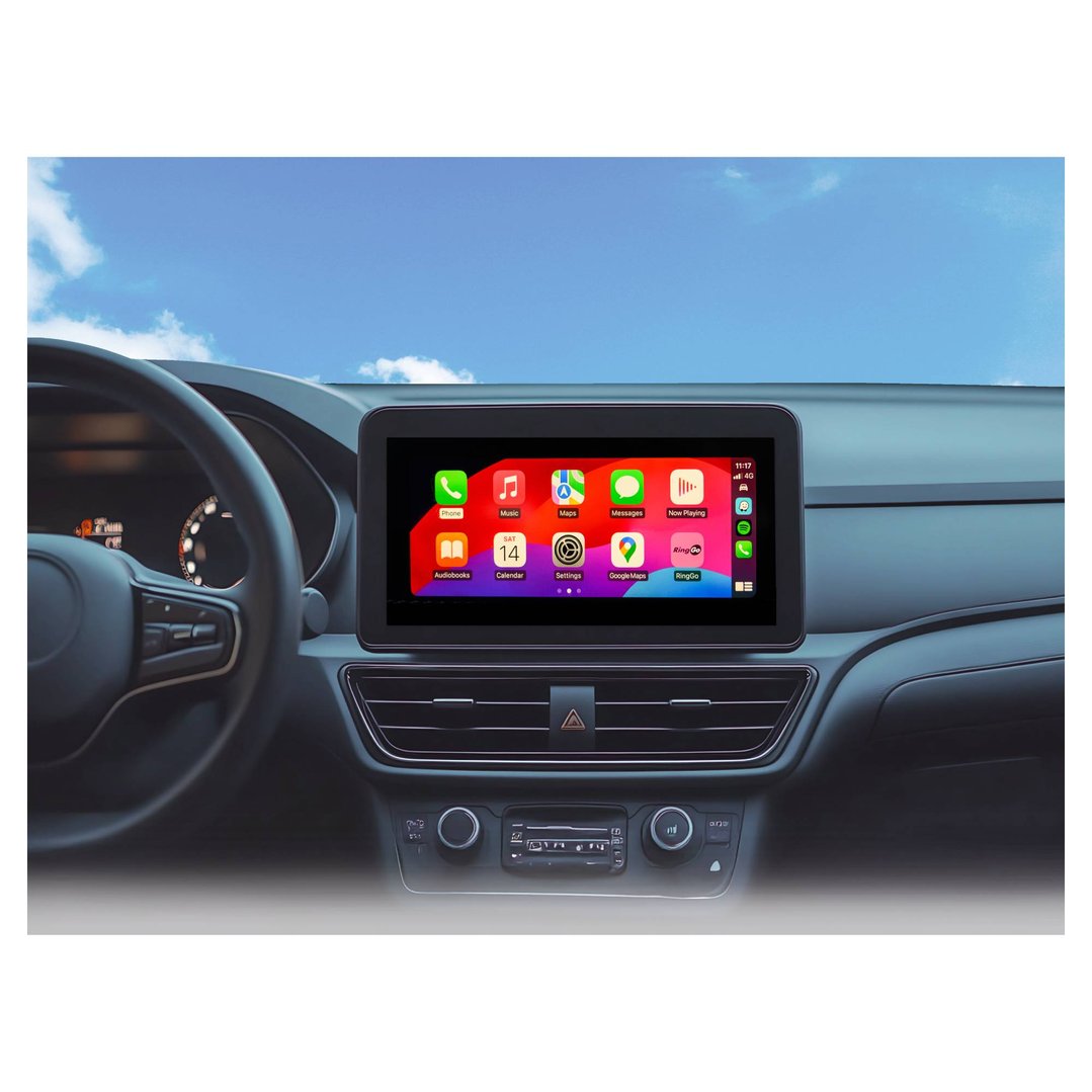A car's interior with a large screen displaying a phone interface