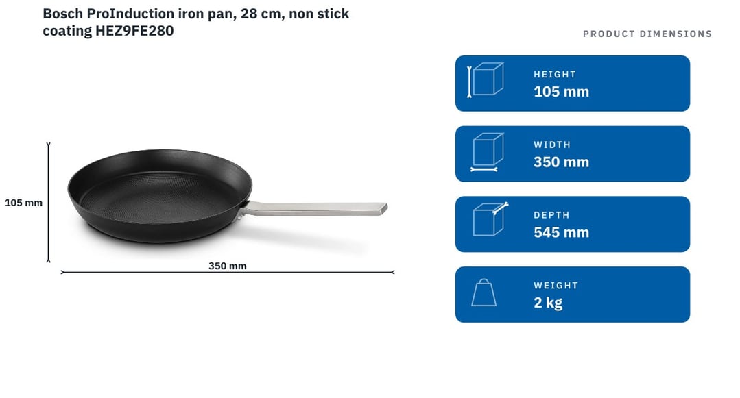 Bosch ProInduction iron pan, 28 cm, non stick coating HEZ9FE280 — product dimensions