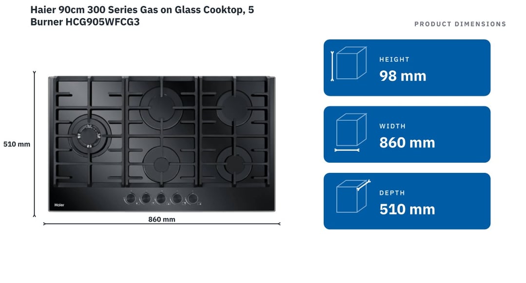 Haier 90cm 300 Series Gas on Glass Cooktop, 5 Burner HCG905WFCG3 — product dimensions