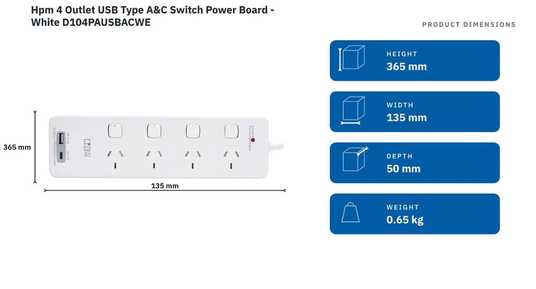 Hpm 4 Outlet USB Type A&C Switch Power Board - White D104PAUSBACWE — product dimensions