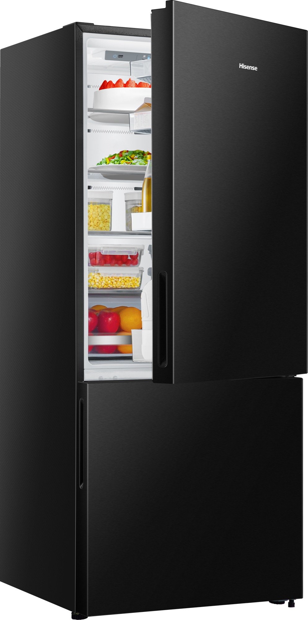 Black stainless steel bottom mount refrigerator with the top door open, showing food inside