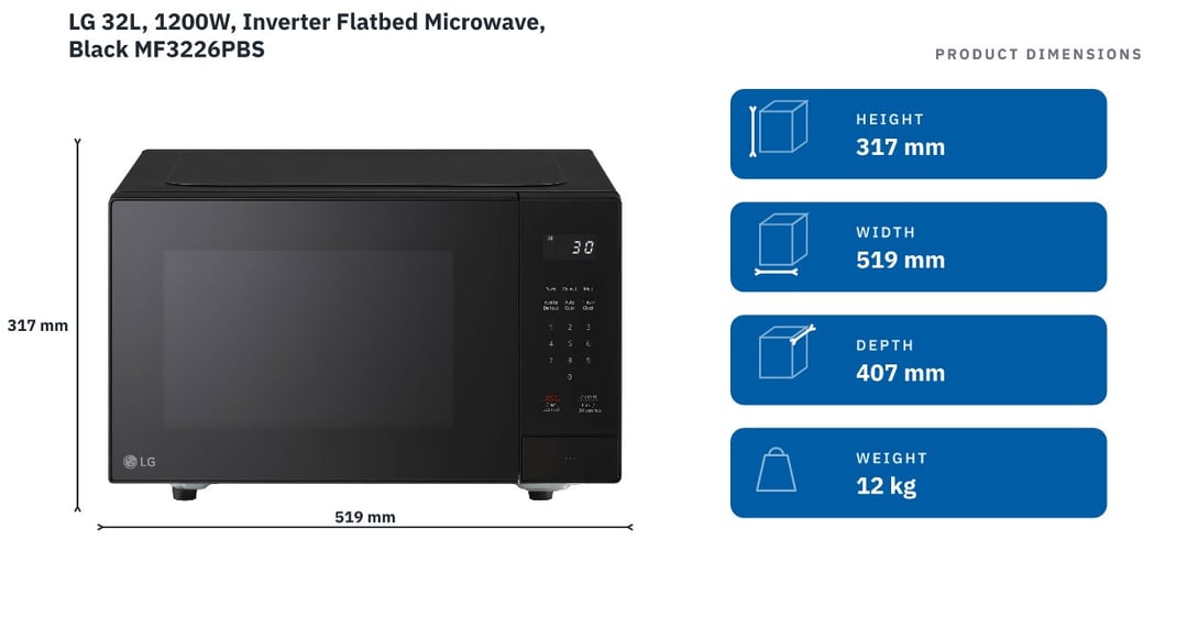 LG 32L, 1200W, Inverter Flatbed Microwave, Black MF3226PBS — product dimensions