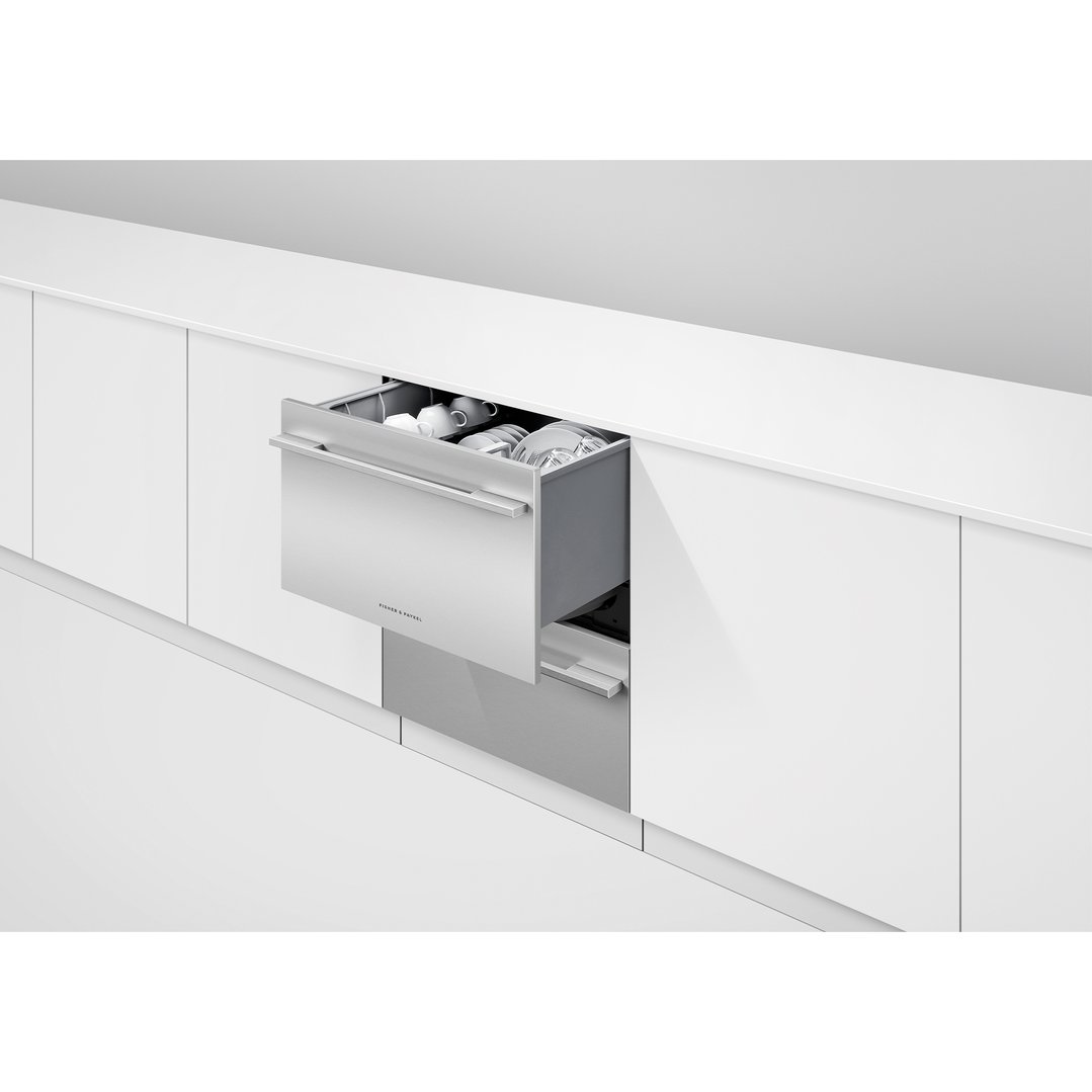 Integrated Double DishDrawer Dishwasher open in a modern white kitchen