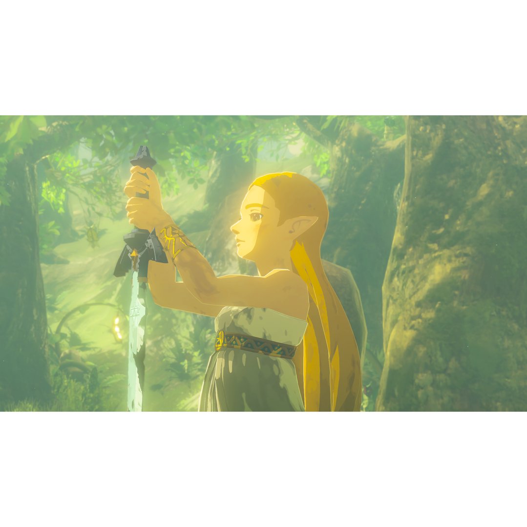 Zelda holding the Master Sword in a mystical forest setting