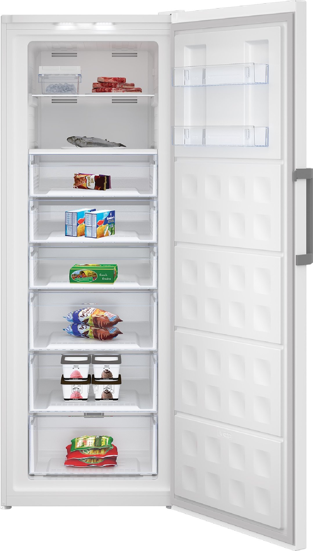 Upright freezer with door open, showing various food items inside