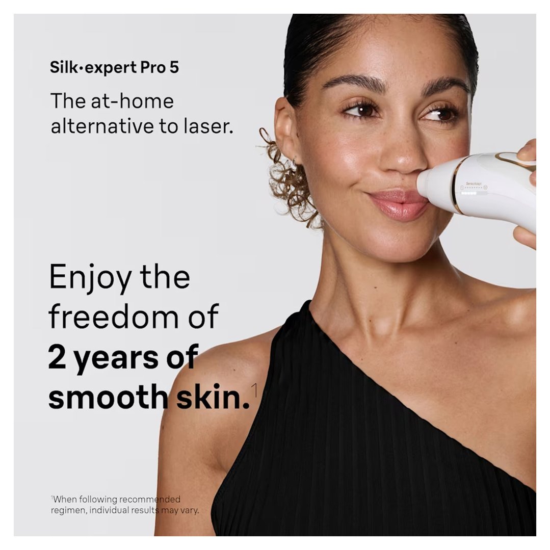 Woman using a BRAUN Silk expert Pro 5 IPL device on her upper lip
