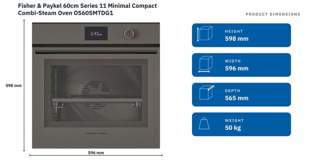 Fisher & Paykel 60cm Series 11 Minimal Compact Combi-Steam Oven OS60SMTDG1 — product dimensions