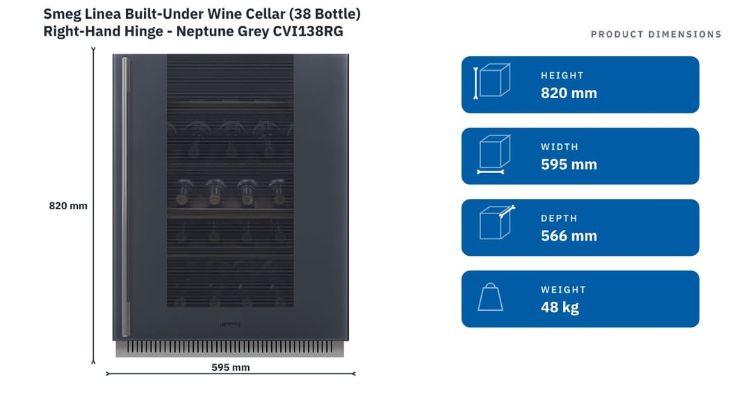 Smeg Linea Built-Under Wine Cellar (38 Bottle) Right-Hand Hinge - Neptune Grey CVI138RG — product dimensions
