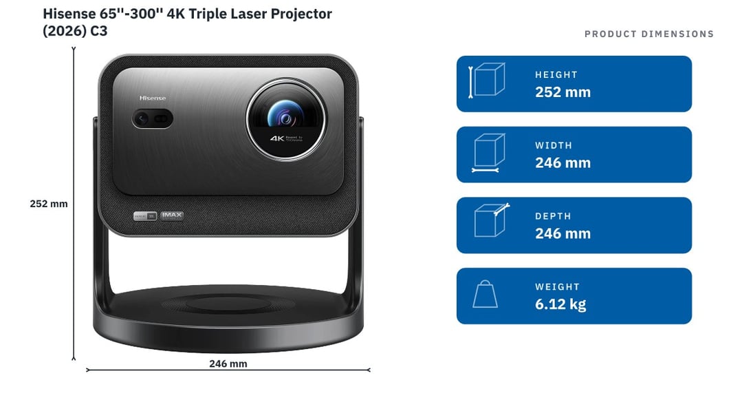Hisense 65''-300'' 4K Triple Laser Projector (2026) C3 — product dimensions