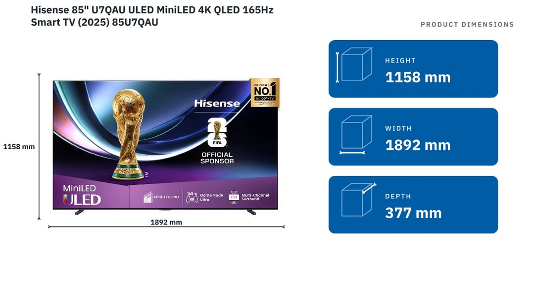 Hisense 85" U7QAU ULED MiniLED 4K QLED 165Hz Smart TV (2025) 85U7QAU — product dimensions
