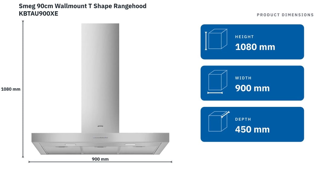 Smeg 90cm Wallmount T Shape Rangehood KBTAU900XE — product dimensions