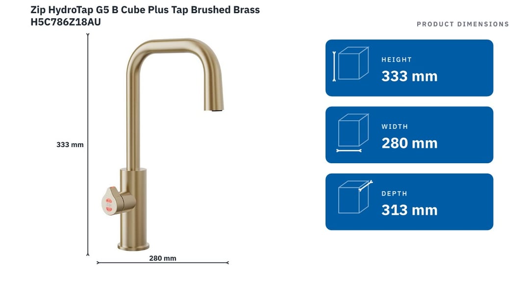 Zip HydroTap G5 B Cube Plus Tap Brushed Brass H5C786Z18AU — product dimensions