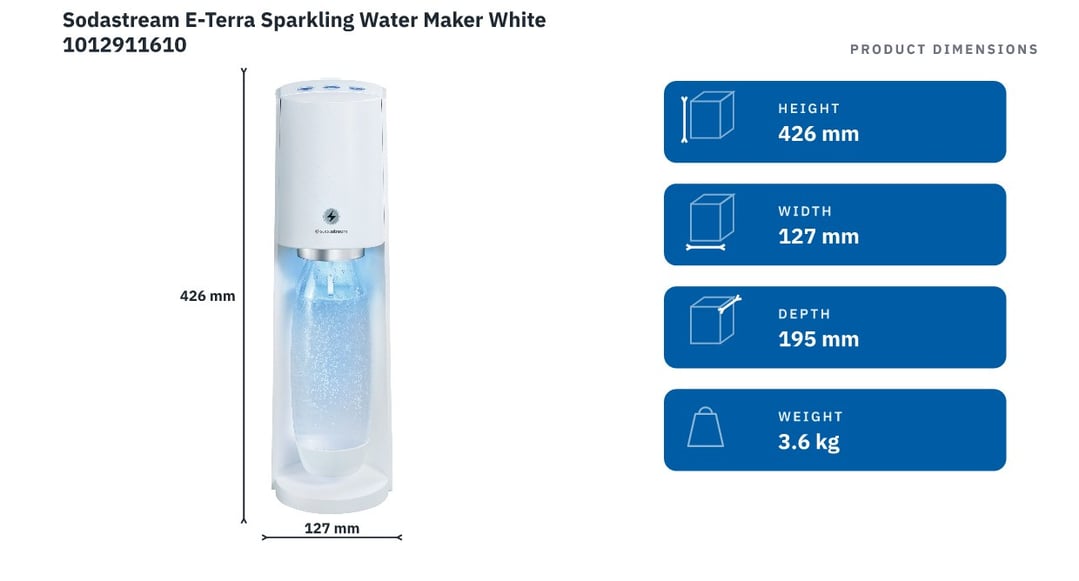 Sodastream E-Terra Sparkling Water Maker White 1012911610 — product dimensions