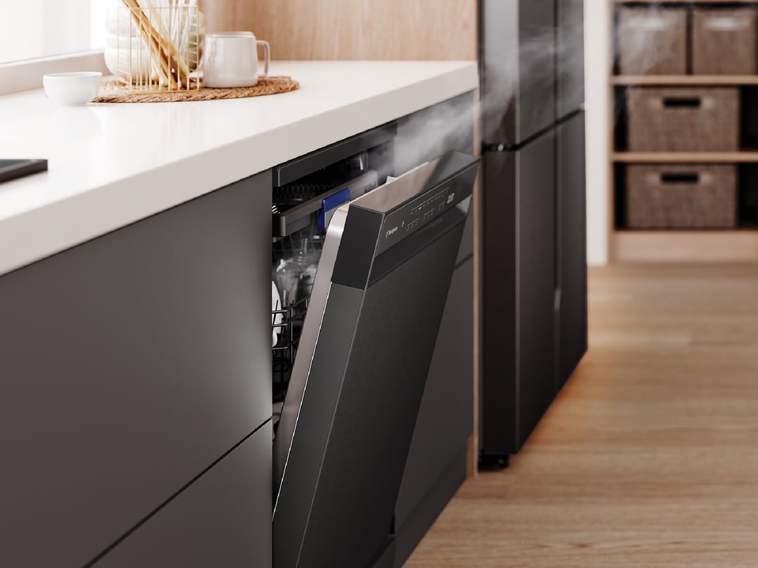 Dark stainless steel freestanding dishwasher with door ajar, steam rising in a kitchen
