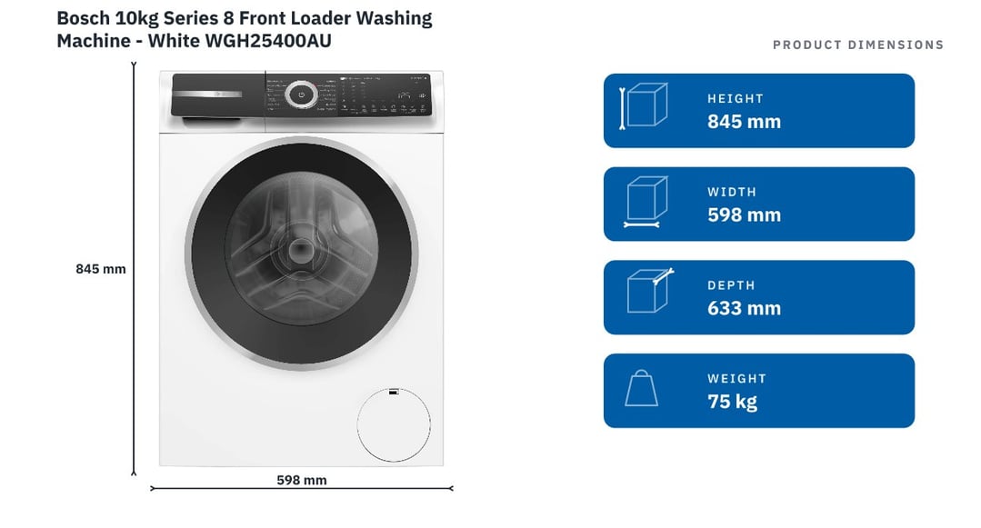 Bosch 10kg Series 8 Front Loader Washing Machine - White WGH25400AU — product dimensions