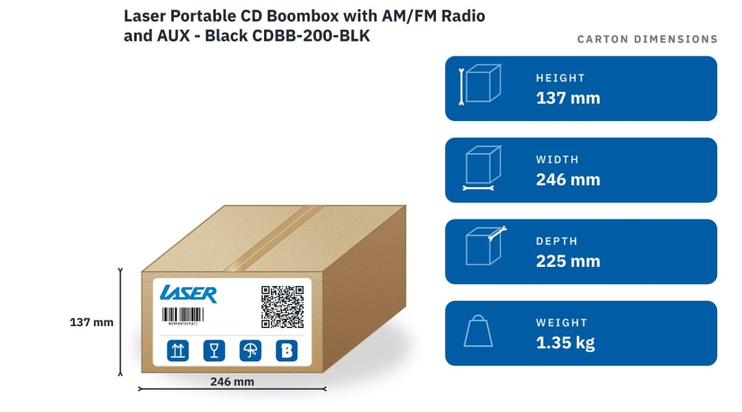 Laser Portable CD Boombox with AM/FM Radio and AUX - Black CDBB-200-BLK — packaged dimensions