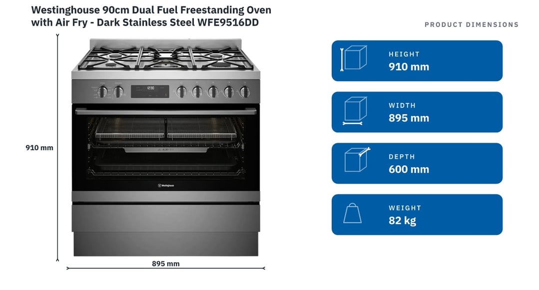 Westinghouse 90cm Dual Fuel Freestanding Oven with Air Fry - Dark Stainless Steel WFE9516DD — product dimensions
