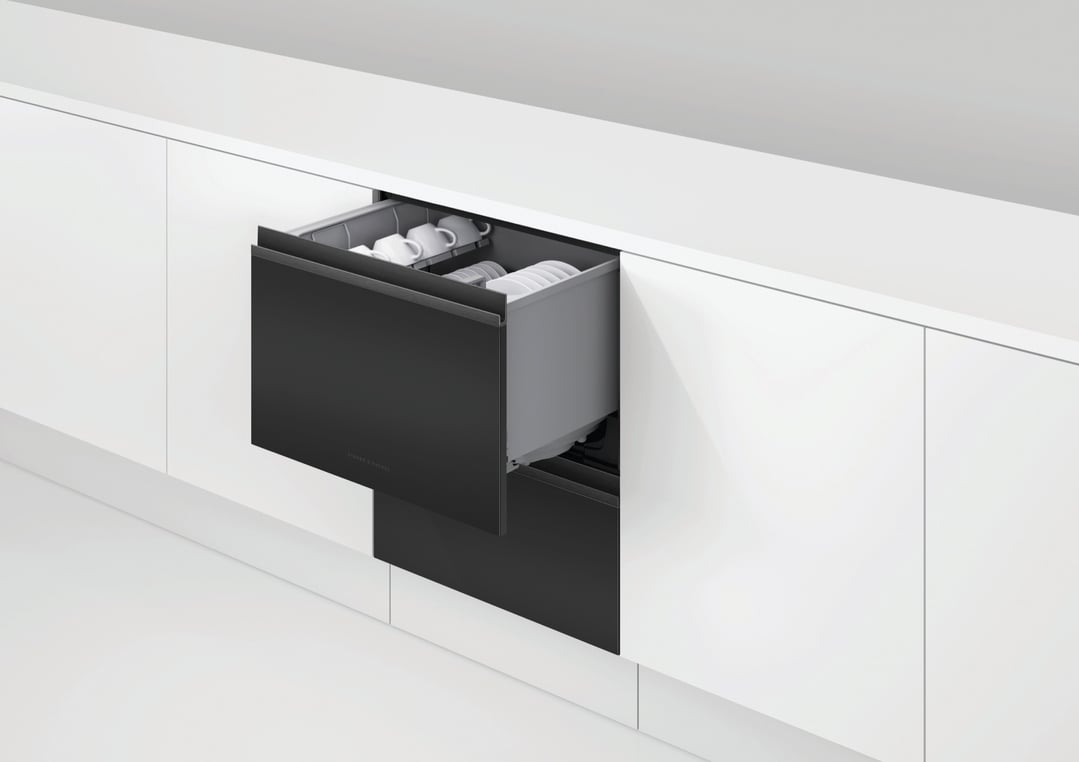 Double DishDrawer dishwasher with top drawer open, showing dishes inside